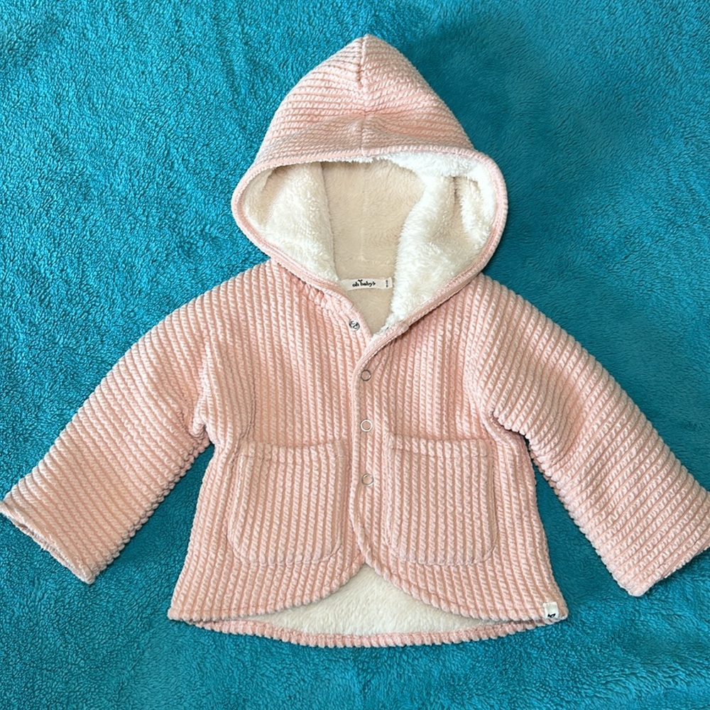 oh baby! Hooded Cable Knit Jacket/ Snowdrift Lining Dusty Rose Size 0-6 Months